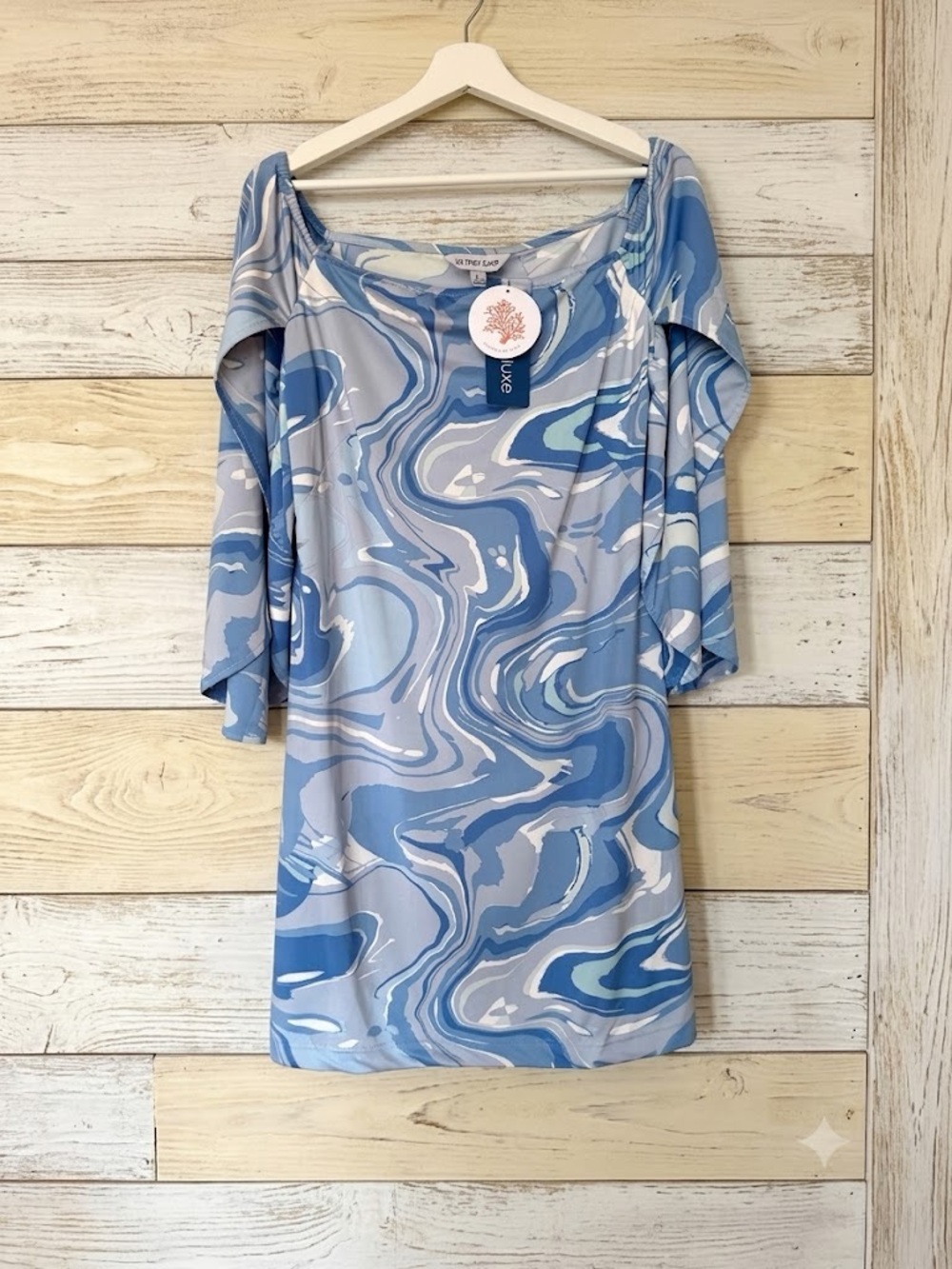 La Mer Luxe Ashby Mini Dress NWT Blue Marble Balloon Bell Sleeve Large - Picture 8 of 9